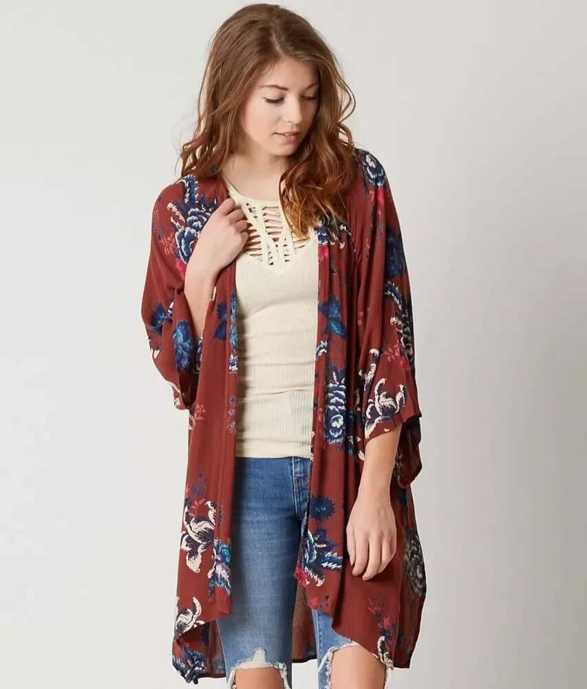 Billabong S/M Desert Dreams Floral Kimono Cardigan Red Maroon crinkle flyaway